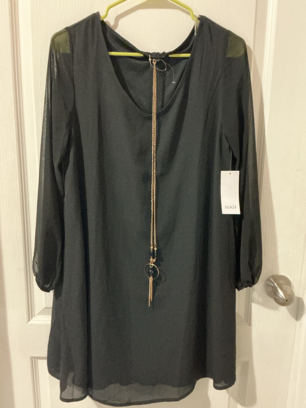 Black Long-Sleeve Sheer Panel Shift Dress